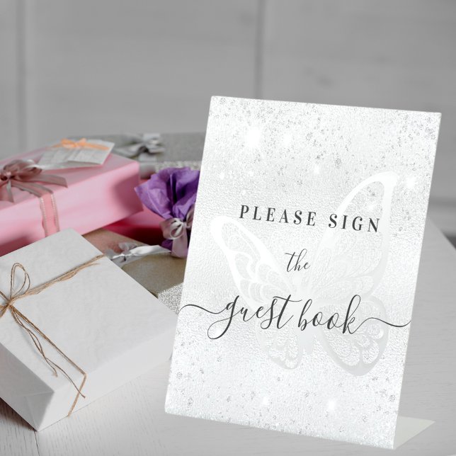 Silver glitter butterfly guest book  pedestal sign (Creator Uploaded)