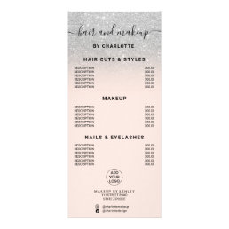 Silver glitter calligraphy hair makeup price rack card