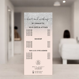 Silver glitter calligraphy hair makeup price rack card