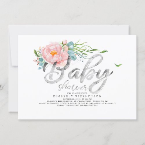 Silver Glitter Calligraphy Pink Floral Baby Shower Invitation