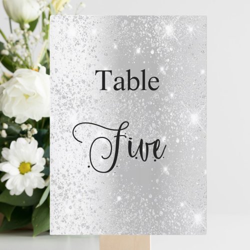 Silver glitter calligraphy table five 5 card