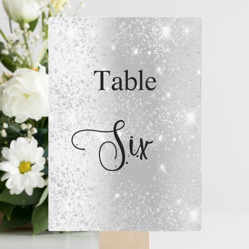 Silver glitter calligraphy table six 6 card