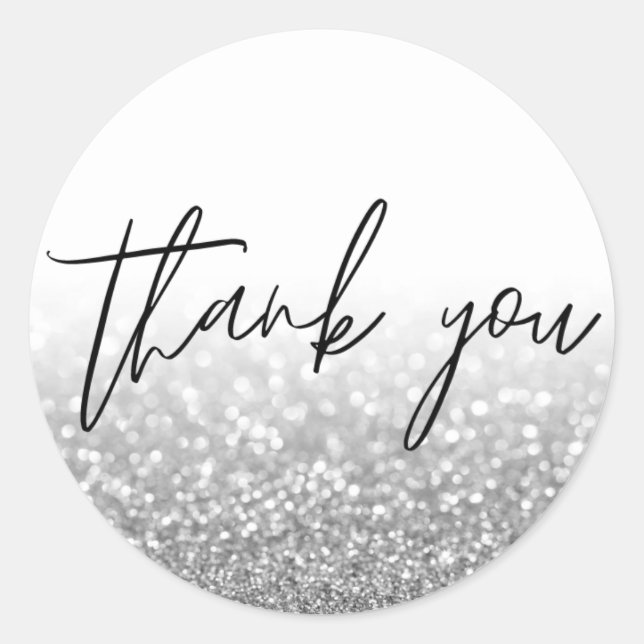 Silver Glitter Calligraphy Thank You Classic Round Sticker (Front)