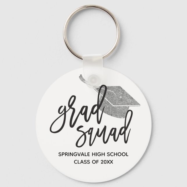 Silver Glitter Cap Grad Squad Graduation Keepsake Keychain (Front)