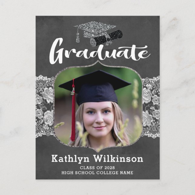 Silver Glitter Cap Photo Graduation Announcement Postcard (Front)