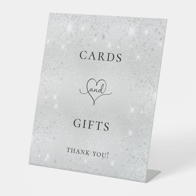 Silver glitter cards gifts party pedestal sign (Front)