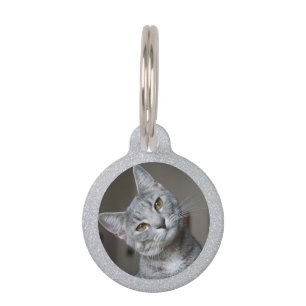 Silver Glitter Cat Kitten Pet Owners Photo Pet ID Tag
