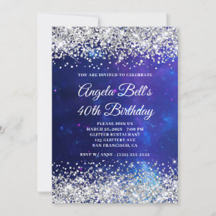 Silver Glitter Celestial Aqua Blue 40th Birthday Invitation