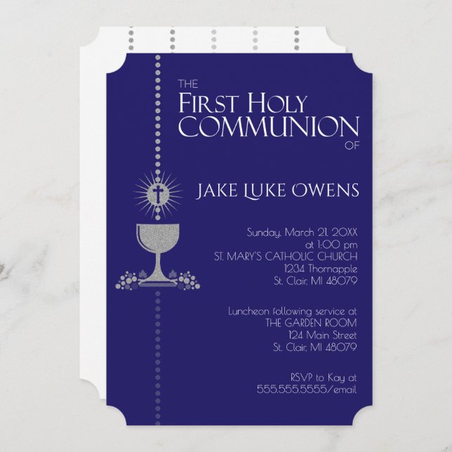 Silver Glitter Chalis First Communion Invitation (Front/Back)