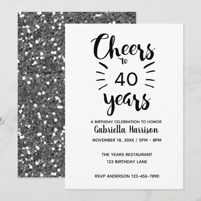 Silver Glitter Cheers to 40th Birthday Invitation (Front/Back)