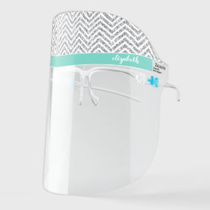 Silver Glitter Chevron Pattern Script Name - teal Face Shield