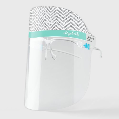 Silver Glitter Chevron Pattern Script Name _ teal Face Shield