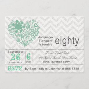 Silver Glitter Chevron Stripe 80th Birthday Invite
