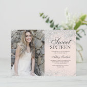 Silver glitter chic blush pink photo Sweet 16 Invitation (Standing Front)