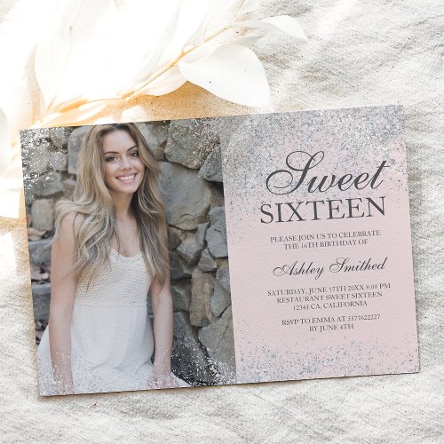 Silver glitter chic blush pink photo Sweet 16 Invitation