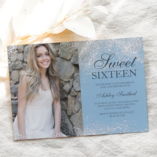 Silver glitter chic icy blue photo Sweet 16 Invitation