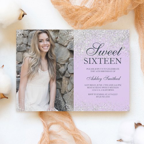 Silver glitter chic lavender photo Sweet 16 Invitation