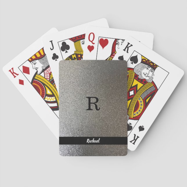 Silver Glitter Chic Monogram & Name V2 Poker Cards (Back)