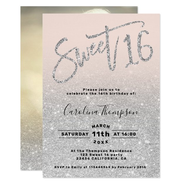 Silver Glitter Chic Script Blush Sweet 16 Photo Invitation | Zazzle.com