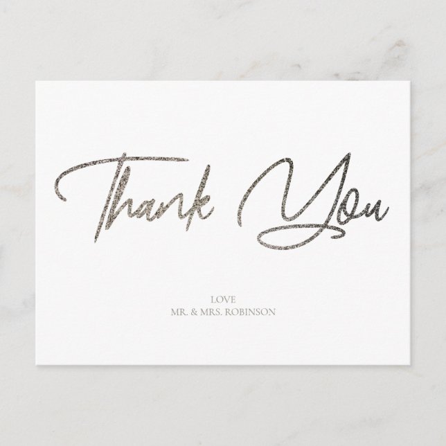 Silver Glitter Chic & White Thank You Custom Postcard (Front)