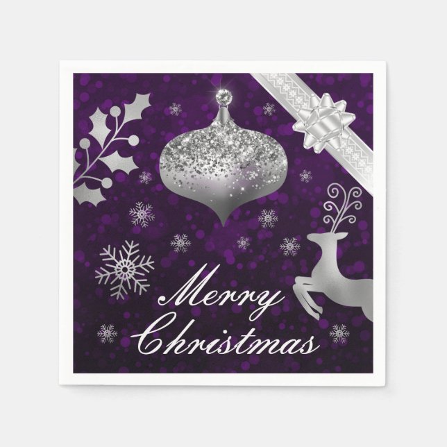Silver Glitter Christmas bauble and Ribbon Napkins (Front)