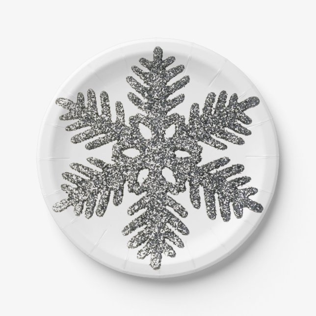 Silver Glitter Christmas Party Holiday Star Paper Plates (Front)