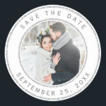 Silver Glitter Circle Wedding Photo Save the Date Classic Round Sticker<br><div class="desc">This wedding save the date sticker features elegant silver glitter circle frames with a photo and simple calligraphy.</div>