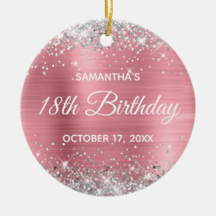 Silver Glitter Classic Pink Foil 18th Birthday Ceramic Ornament