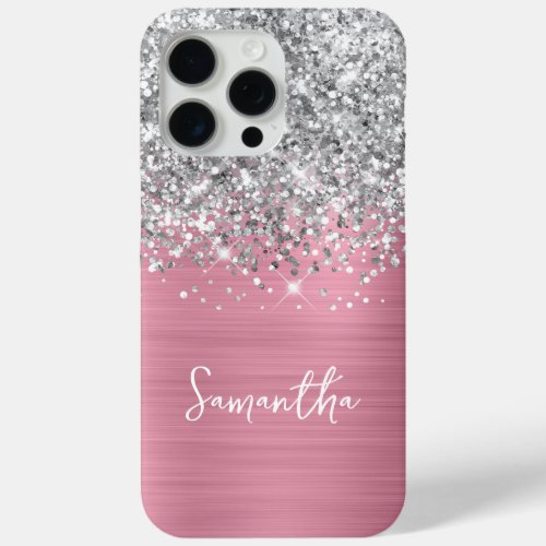 Silver Glitter Classic Pink Glam Name iPhone 15 Pro Max Case