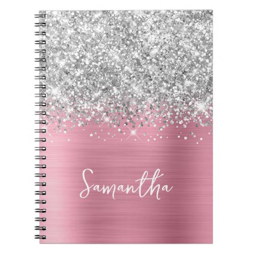 Silver Glitter Classic Pink Glam Script Name Notebook