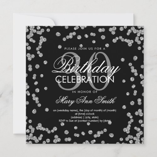 Silver Glitter Confetti 30th Birthday Black Invitation