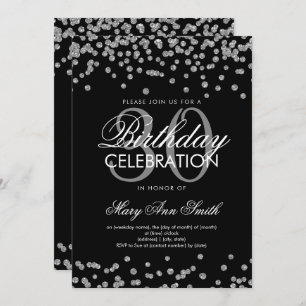 Silver Glitter Confetti 30th Birthday Black Invitation