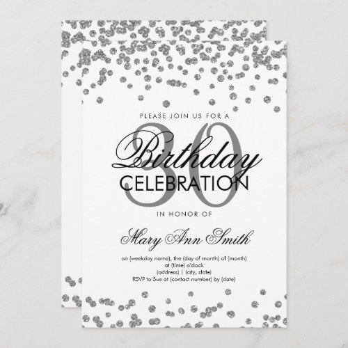 Silver Glitter Confetti 30th Birthday White Invitation