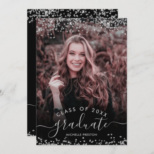 Silver glitter confetti 3 photo graduation invitation