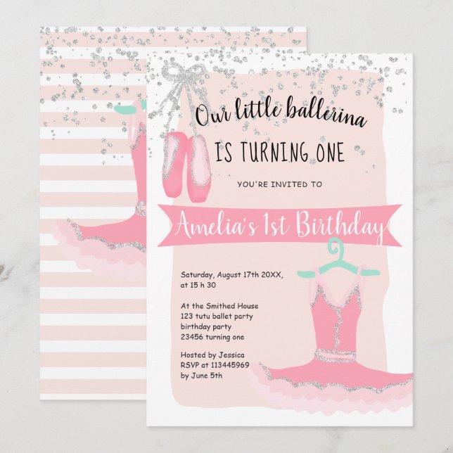 Silver glitter confetti ballerina chic1st birthday invitation (Front/Back)
