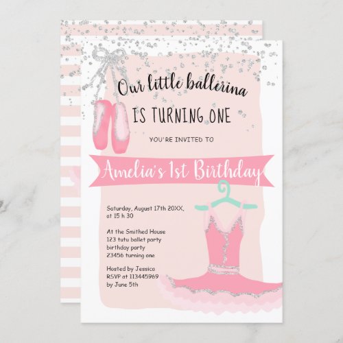 Silver glitter confetti ballerina chic1st birthday invitation