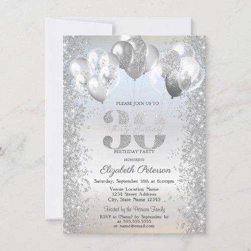Silver Glitter Confetti Balloons 30th Birthday Invitation