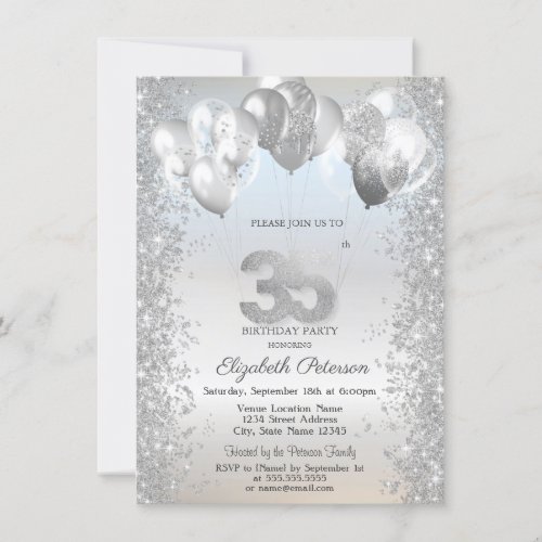 Silver Glitter Confetti Balloons 35th Birthday Invitation