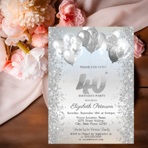 Silver Glitter Confetti Balloons 40th Birthday Invitation