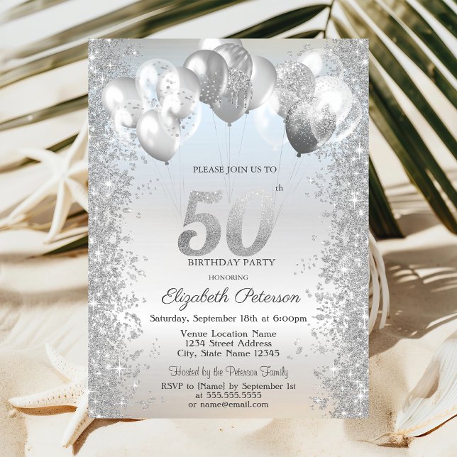 Silver Glitter Confetti Balloons 50th Birthday Invitation (Creator Uploaded)