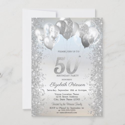 Silver Glitter Confetti Balloons 50th Birthday Invitation