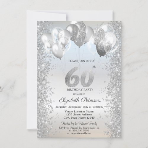 Silver Glitter Confetti Balloons 60th Birthday Invitation