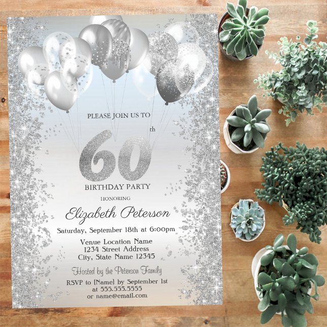 Silver Glitter Confetti Balloons 60th Birthday Invitation (Creator Uploaded)