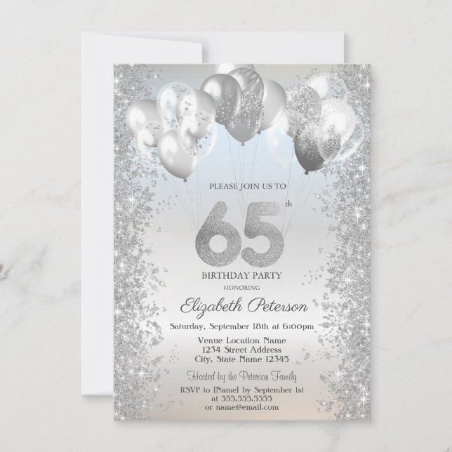 Silver Glitter Confetti Balloons 65th Birthday Invitation (Front)