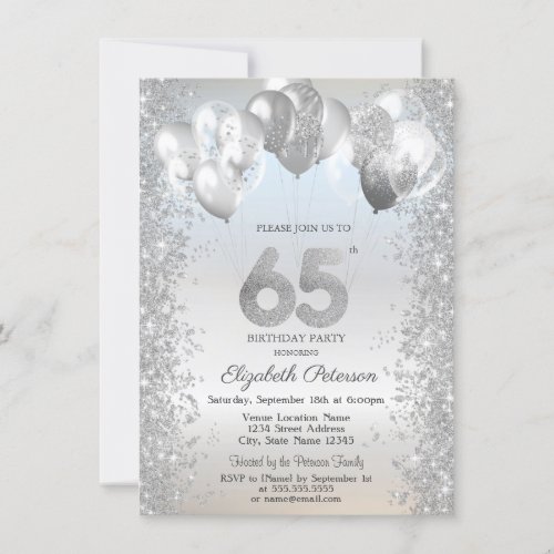 Silver Glitter Confetti Balloons 65th Birthday Invitation