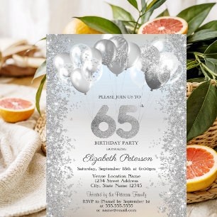 Silver Glitter Confetti Balloons 65th Birthday Invitation