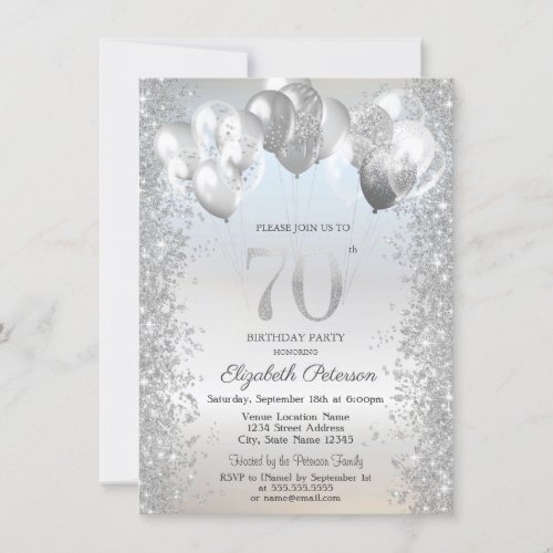 Silver Glitter Confetti Balloons 70th Birthday Invitation