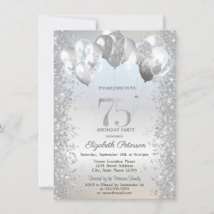 Silver Glitter Confetti Balloons 75th Birthday Invitation