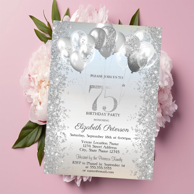 Silver Glitter Confetti Balloons 75th Birthday Invitation (Creator Uploaded)
