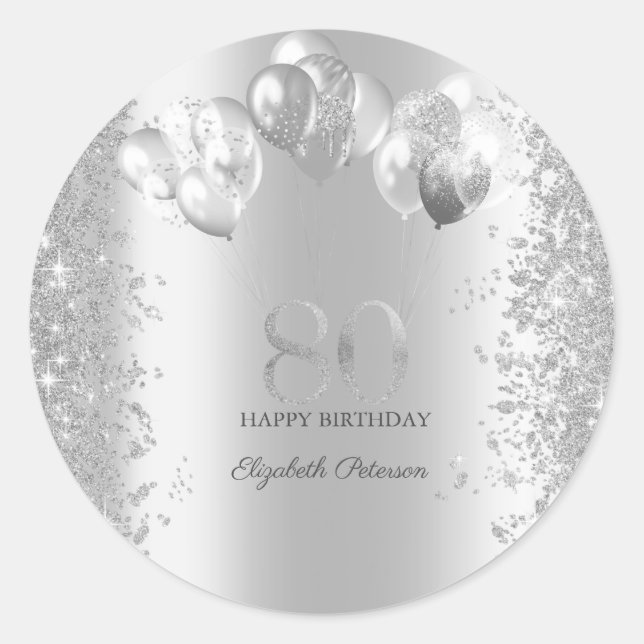 Silver Glitter Confetti Balloons 80th Birthday Classic Round Sticker (Front)
